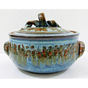 Rare Stupple Pottery Blue Stoneware 2 Quart Casserole Dish with Lid